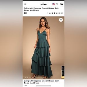 Lulus “Going with Elegance Emerald Green Satin Tiered Maxi Dress” New with tags